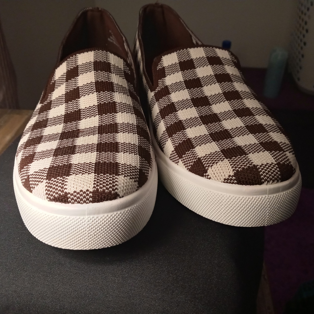 Brown and White Checkered Slip-On Shoes